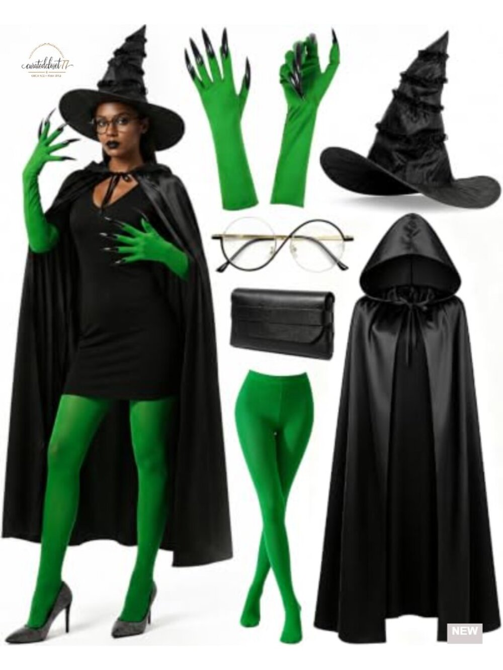 6Pc Witch Costume Kit Hat Cape Gloves Tights Adult Halloween Accessory Set
